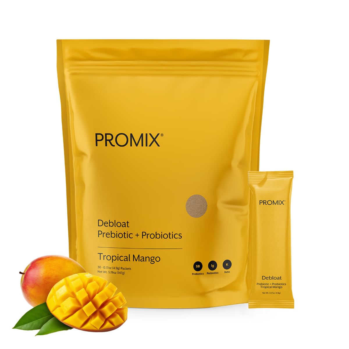 ProMix Nutrition Debloat Prebiotics and Probiotics Immune Support Supplement for Digestion, Cortisol Health, Gut Cleanse Mango Powder, 30 Servings