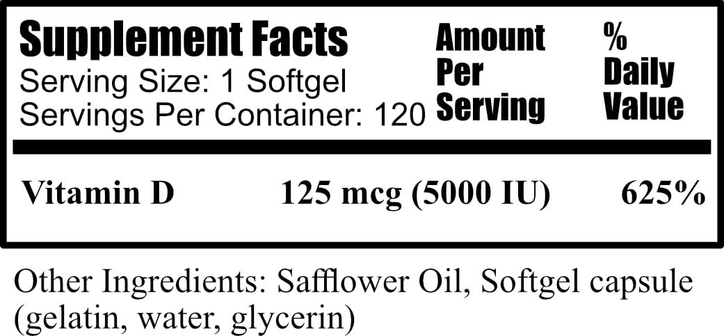 Daily Manufacturing Vitamin D3 5000 IU (125 mcg) Softgel, 120 Count