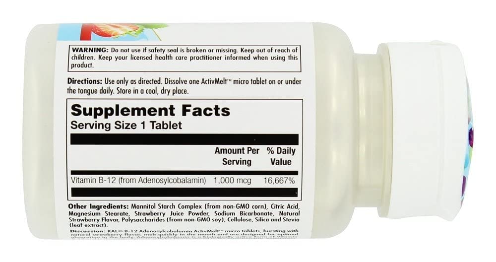 KAL B-12 Adenosylcobalamin Tablets, 1,000 mcg, Strawberry, 90 Tablets