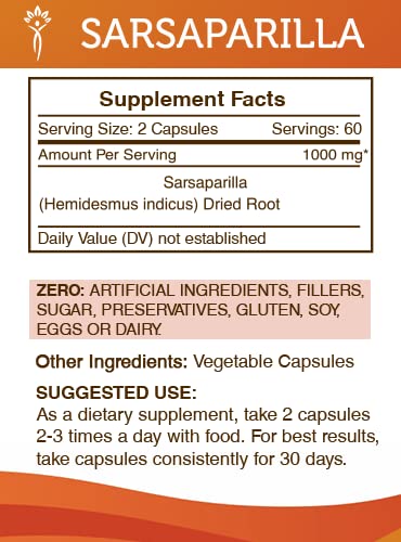 Secrets of the Tribe Sarsaparilla 1000 mg Capsules, 120 Count