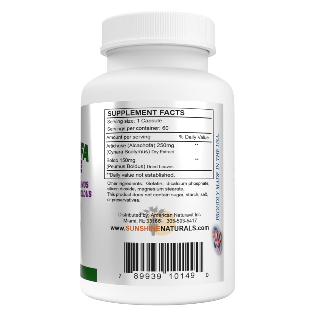 Sunshine Naturals Artichoke and Boldo Dietary Supplement Liver Support and Digestive Aid, 60 Capsules