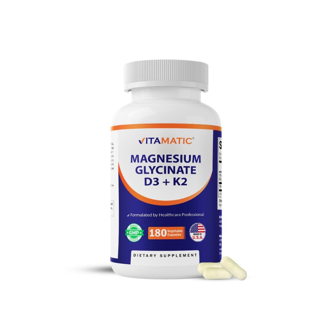 Vitamatic Magnesium Glycinate 200 mg (Elemental) with Vitamin D3 5000 IU & K2 200 mcg Capsules, 180 Count