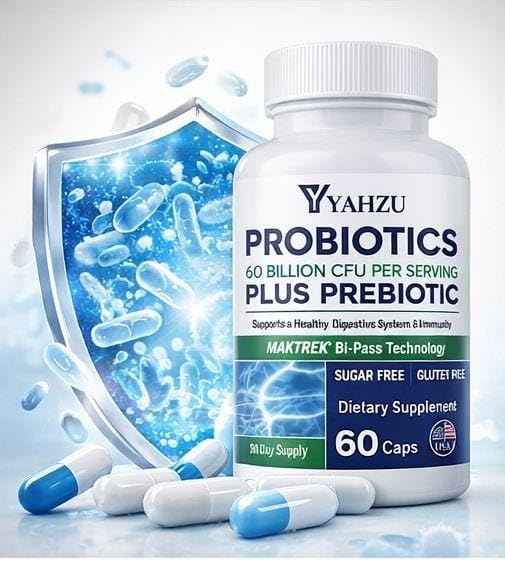 YAHZU 60 Billion CFU Probiotics with Prebiotic Fiber Synbiotic Digestive & Immune Support, 4 Clinically Researched Strains, 60 Capsules