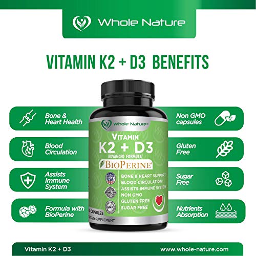 Whole Nature K2+D3 with Bioperine Plus Calcium Omega 3 Fish Oil Capsules, 120 Count