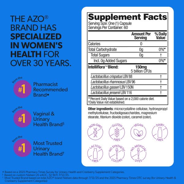 AZO Complete Feminine Balance Daily Vaginal Probiotics for Women, Capsules, 120