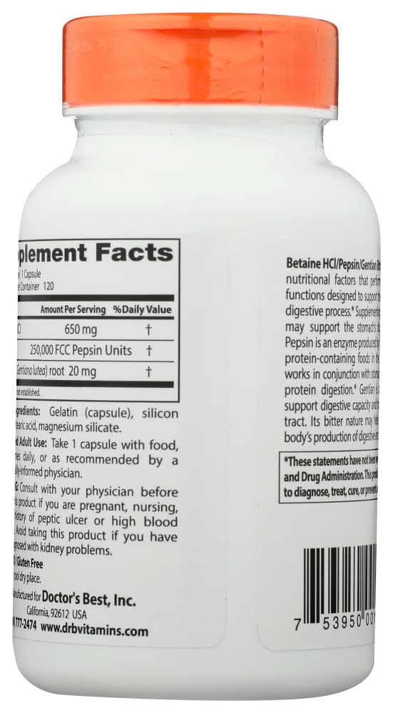 Doctor's BEST Betaine HCl Pepsin and Gentian Bitters Capsules 120