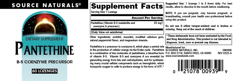 Source Naturals Pantethine B-5 Coenzyme Precursor Lozenges, 25 mg, 60 Count