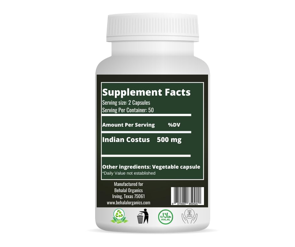 Behalal Organics Indian Costus Quick Release Capsule 100 Count