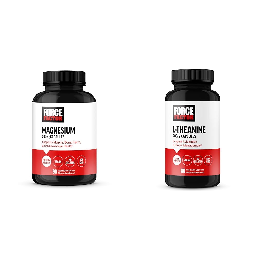 Force Factor Magnesium Supplement 500mg and L-Theanine Stress Relief Capsules Bundle, 150 Capsules