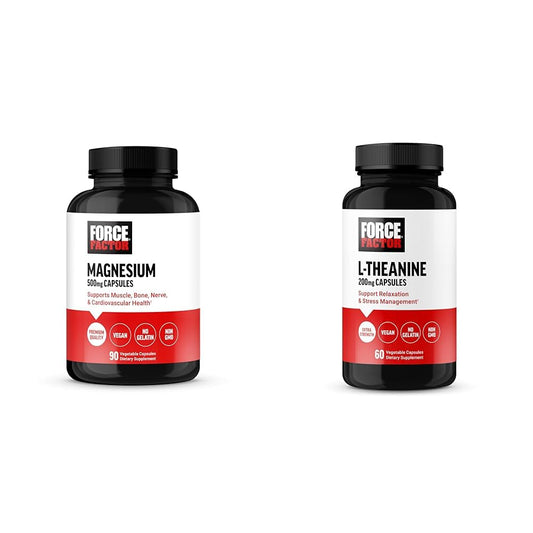 Force Factor Magnesium Supplement 500mg and L-Theanine Stress Relief Capsules Bundle, 150 Capsules