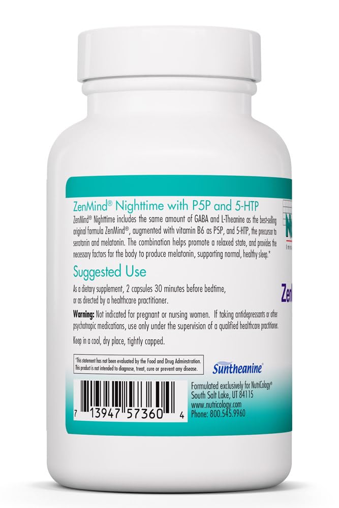 Allergy Research Group Nutricology ZenMind Nighttime - 550 mg GABA & 200 mg L-Theanine - Supports Relaxation & Melatonin Production - Nighttime Calm Formula - Vegetarian Capsules, 60 Capsules