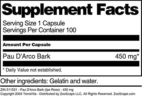Terravita Pau D'Arco Bark (Ipe Roxo) 450 mg Capsules, 100 Count
