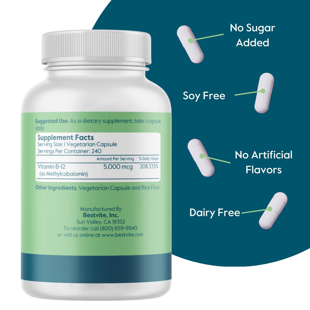 BESTVITE Vitamin B12 (Methylcobalamin) 5000mcg Capsule, 240 Count