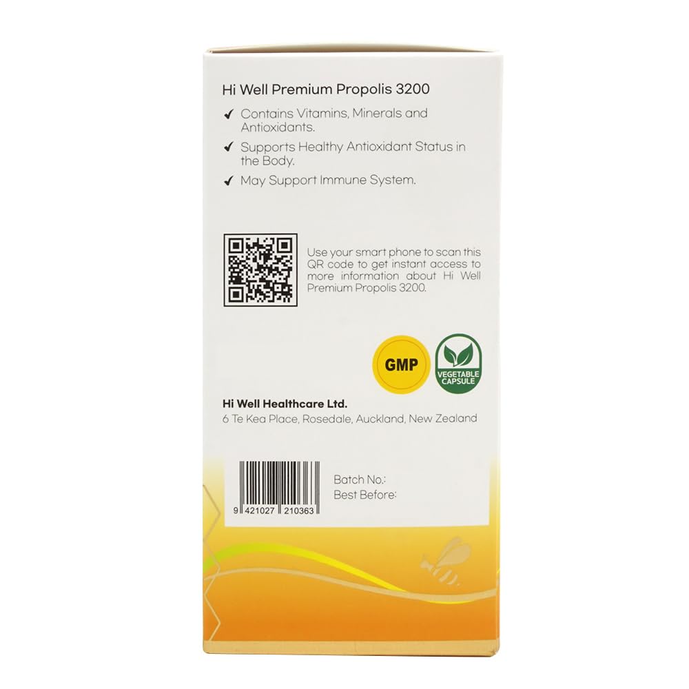 Hi Well Pure & Natural New Zealand Premium Propolis 3200 Flavonoid 96mg 250 VegeCapsules