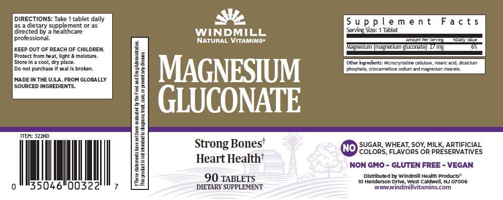 Windmill Magnesium Gluconate 500 mg Tablets, 90 Count