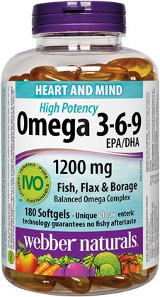 Webber Naturals Omega 3-6-9 High Potency 1200 mg Fish, Flax & Borage Softgel, 180 Count