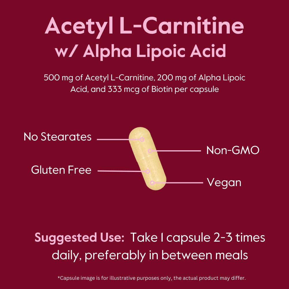 BESTVITE Acetyl L-Carnitine 500mg & Alpha Lipoic Acid 200mg per Capsule with Biotin, 120 Capsules