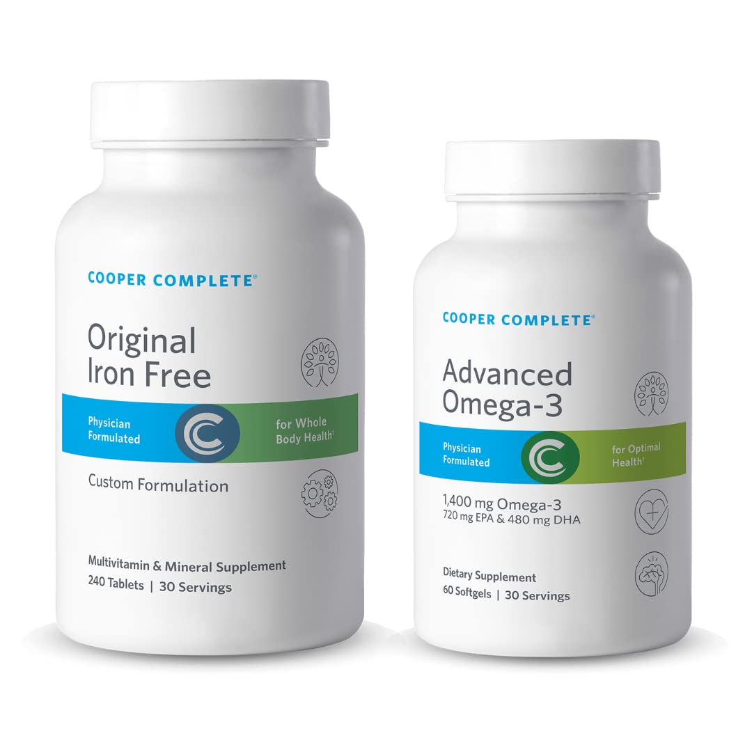 Cooper Complete Original Multivitamin Iron Free and Advanced Omega-3 Daily Multivitamin and Mineral Supplement Plus Fish Oil Supplement Softgels and Tablets, 2 Count
