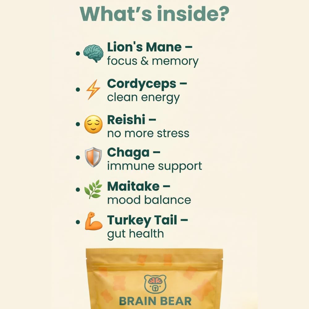 Brain Bear LLC Mushroom Gummies – Lion’s Mane, Reishi, Cordyceps, Chaga, Maitake – Focus, Energy & Mental Clarity – Vegan Nootropic Brain Support Gummy 90 Count
