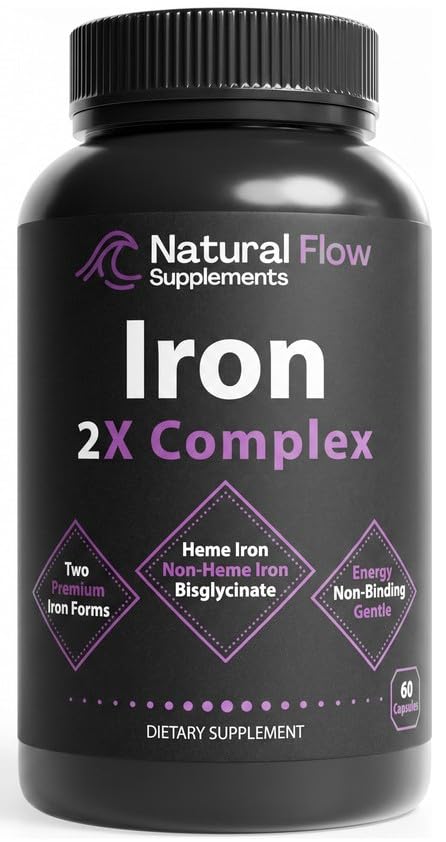 Natural Flow Supplements 2X Iron Complex — Dual-Source Heme + Ferrous Bisglycinate, 28 mg Elemental Iron with Methylfolate, Methylcobalamin B12, B6, Vitamin C & Copper — Gentle on Stomach, Blood Building Capsules 120