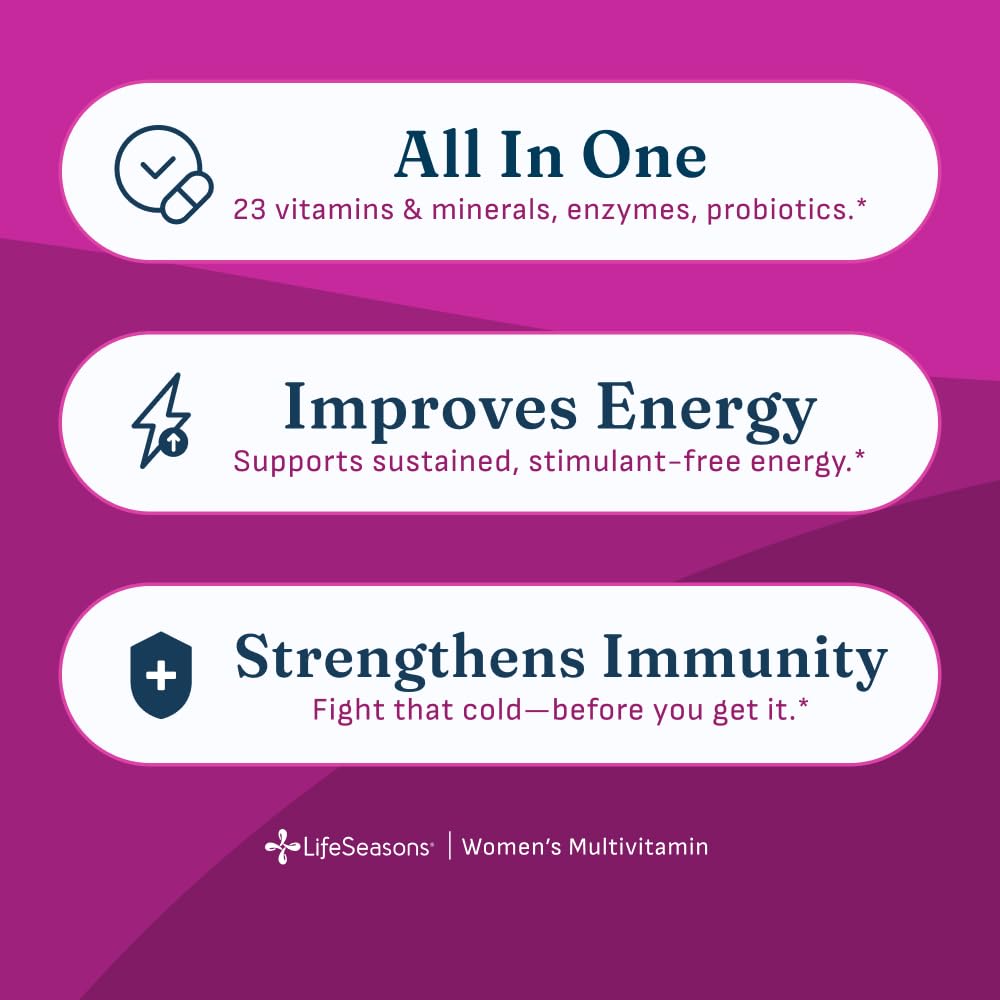 LifeSeasons Women's Multivitamin – High Potency with 21 Vitamins & Minerals, PureWay-C®, NAD+, Active B-Vitamins, TRAACS® Chelates, enXtra® for Energy, Probiotics & Mushrooms, 120 Veg Capsules