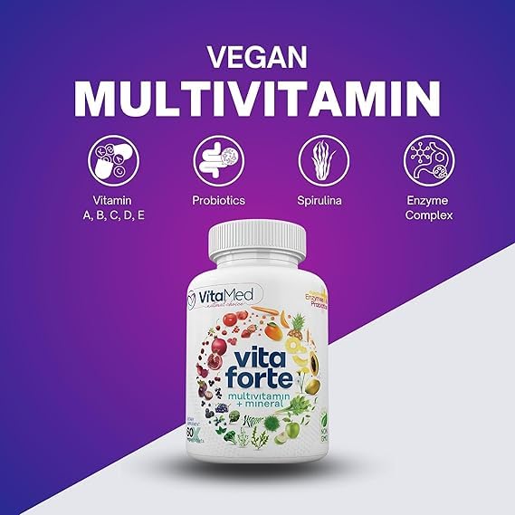 VitaMed Vita Forte Vegan Multivitamin with Probiotics, Digestive Enzymes & 42 Fruits & Vegetables – Halal Certified, Non-GMO, Gluten-Free, Daily Energy & Immune Support – 180 Tablets