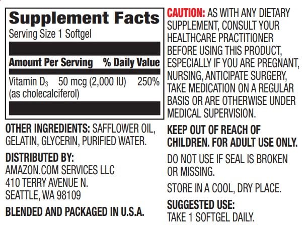 Amazon Elements Vitamin D3 2000 IU Softgels, 180 Count