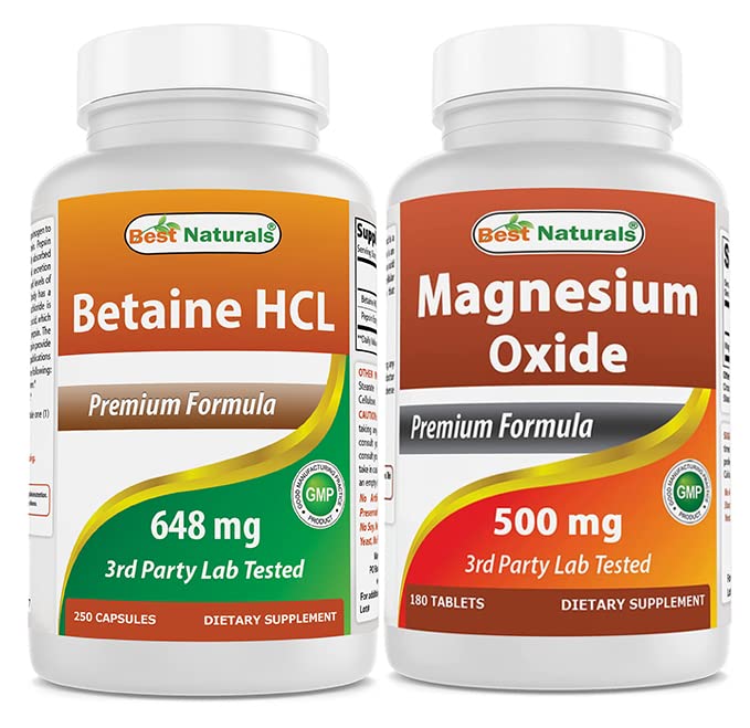 Best Naturals Betaine HCl 648 mg & Magnesium Oxide 500 mg Capsules & Tablets, 250 Count