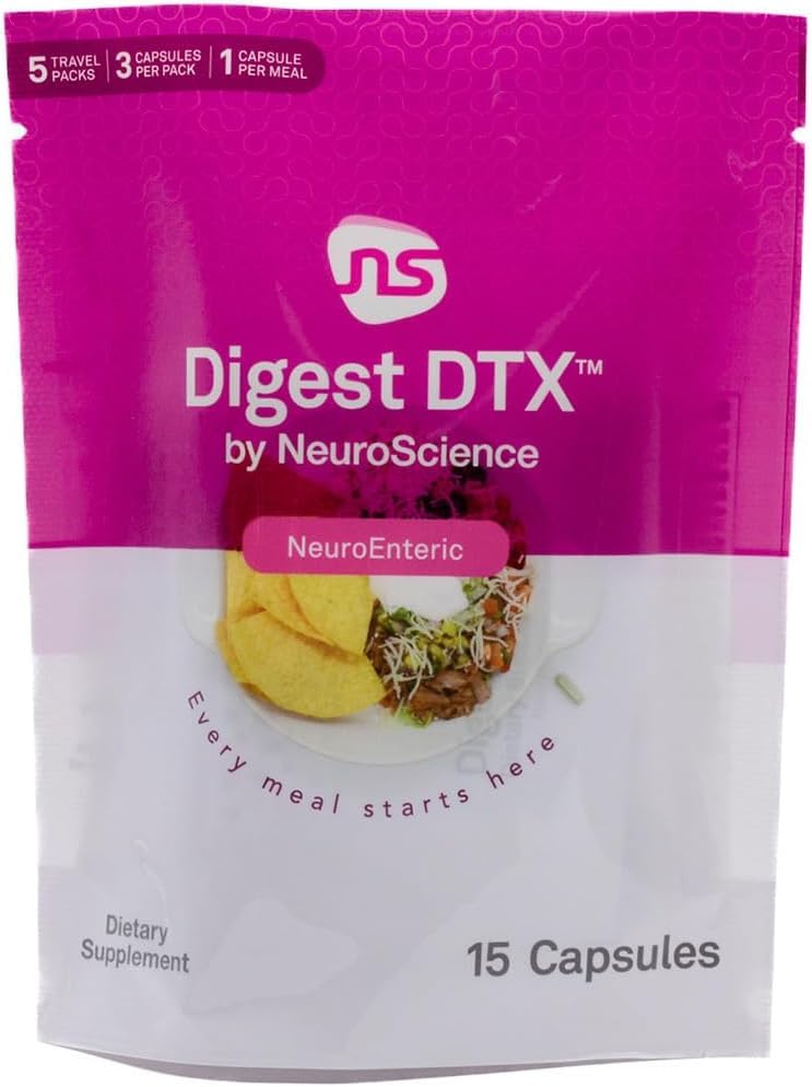 NeuroScience Digest DTX Travel Packs Digestive Enzymes for Men & Women + Apple Cider Vegar & Zinc Carnosine, 15 Capsules