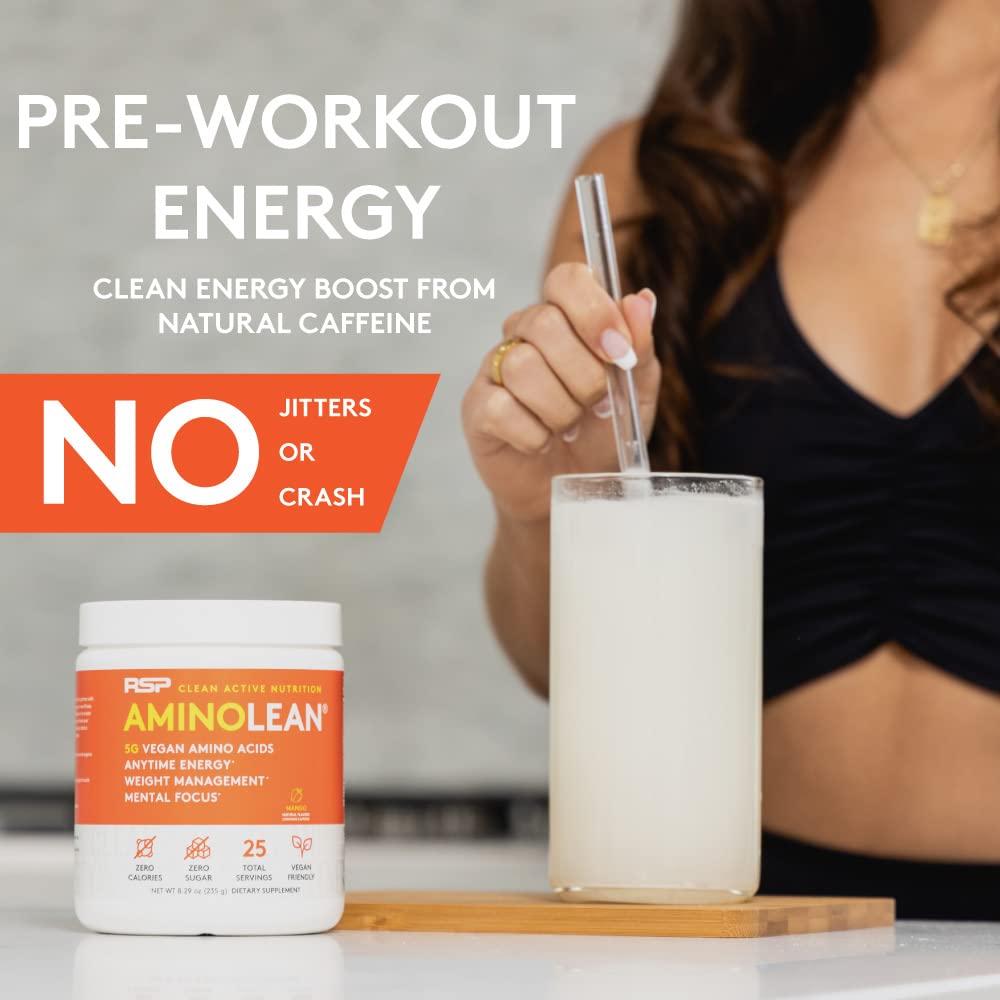 RSP NUTRITION AminoLean Natural Pre Workout Powder & Amino Energy with Vegan BCAA + EAA, 7.94 Ounce