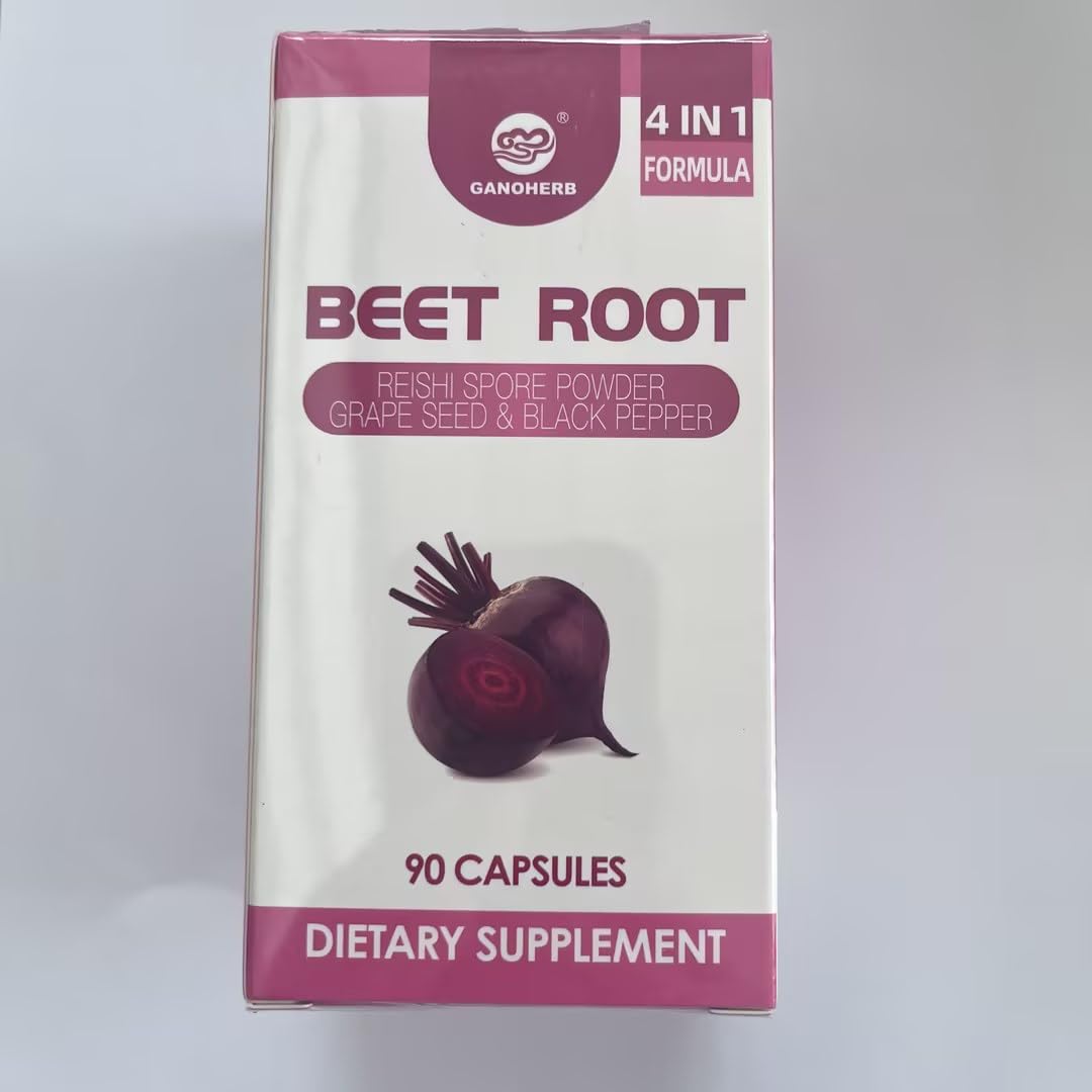 GANOHERB Beet Root Capsules with Grape Seed Extract, Reishi Mushroom, Black Pepper, 4 in 1 for Nitric Oxide & Health Circulation, 90 Capsules