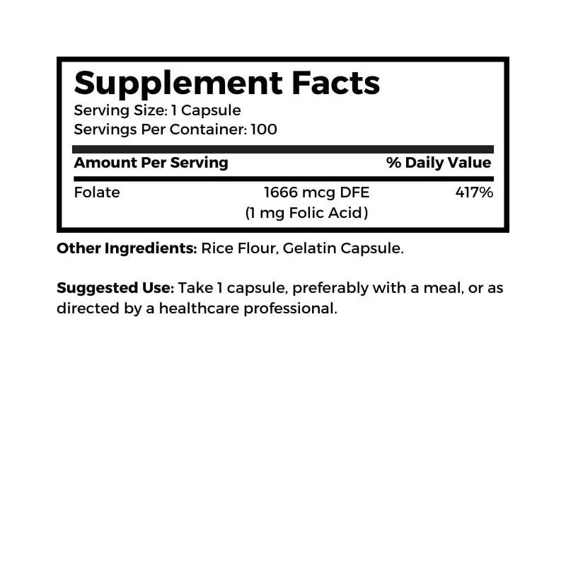 Dr Clark Store Folic Acid (Vitamin B9) Supplement Capsule 100 Count