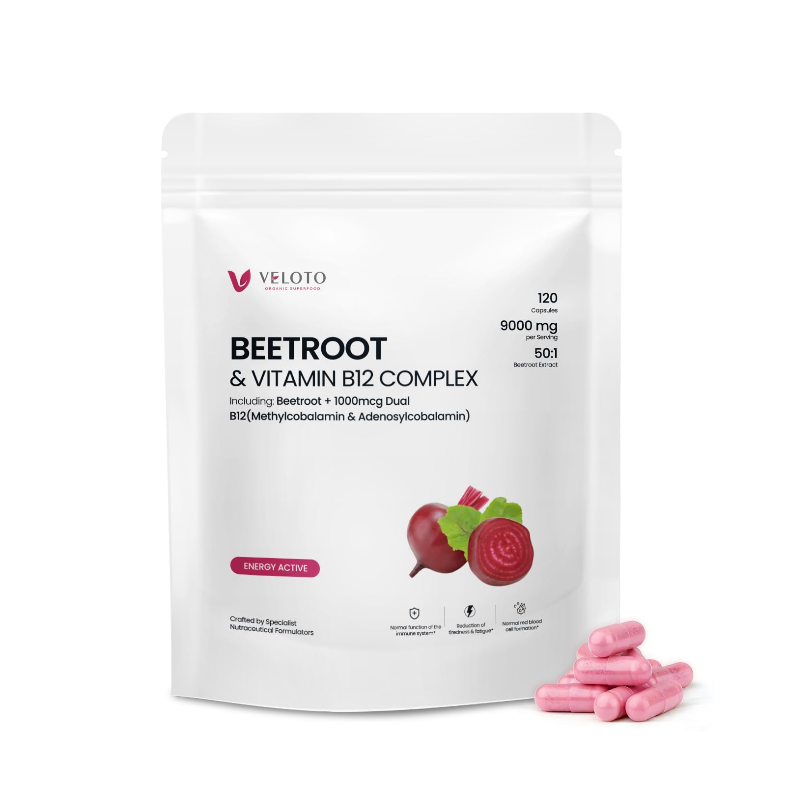 VELOTO Beet Root Extract High Strength 50:1 – 180mg per Capsule with Vitamin B12 1000mcg, Nitric Oxide & Antioxidant Support, Vegan, Non-GMO, 120 Veg Capsules
