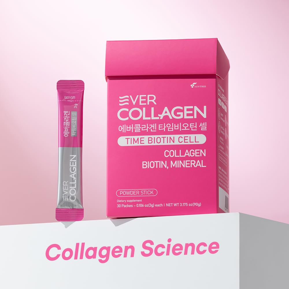 Ever Collagen Time Time Biotin Cell Low Molecular Weight Marine Collagen Peptides Powder Supplement, 30 Sticks