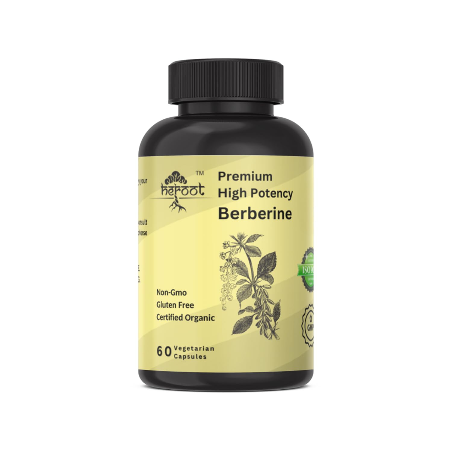 Heroot Organic Berberine HCL Extract 500mg Premium Strength Berberine Supplement Capsules, 60 Count