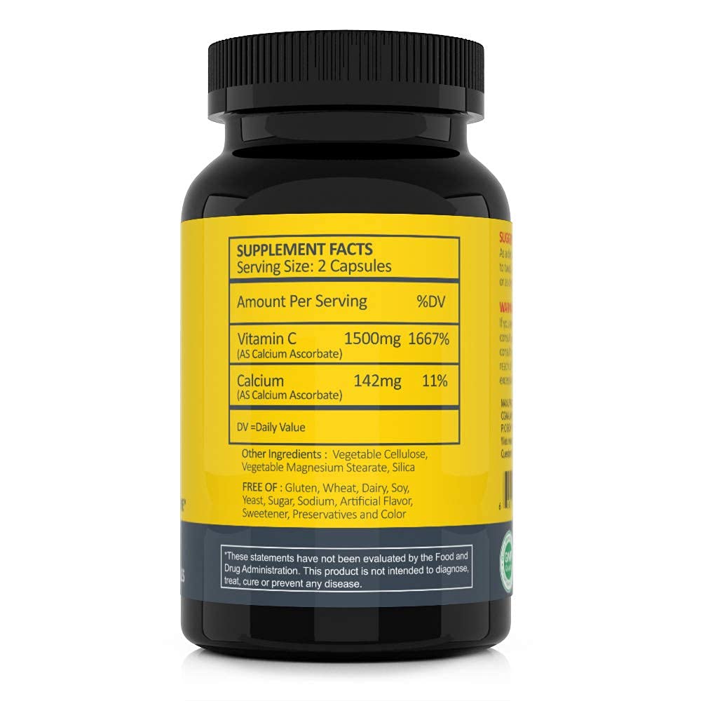 CGMLABS Non Acidic Vitamin C Dietary Supplement 1500mg with Calcium Capsules, 100 Count