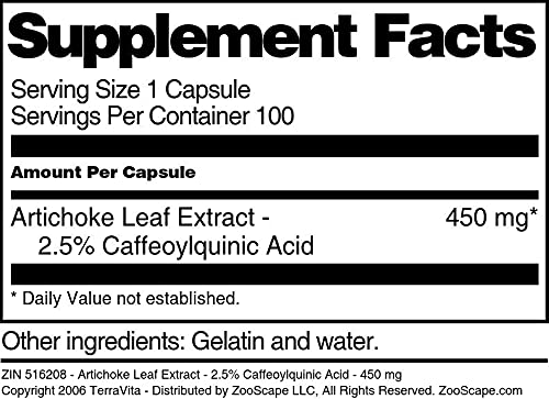 Terravita Artichoke Leaf Extract 450 mg (2.5% Caffeoylquinic Acid) Capsule, 300 Count