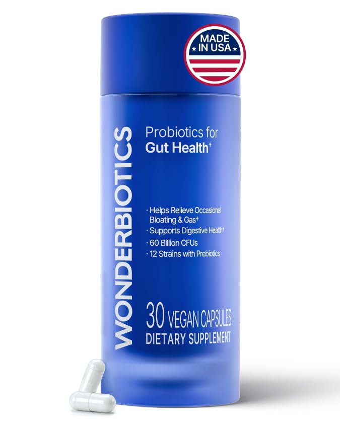 WonderBiotics 3-in-1 Gut Health Probiotics with Digestive Enzymes, 60 Billion CFU, 12 Clinically Studied Strains & Prebiotics, Bloating & Gas Support, Regularity, 30 Capsules