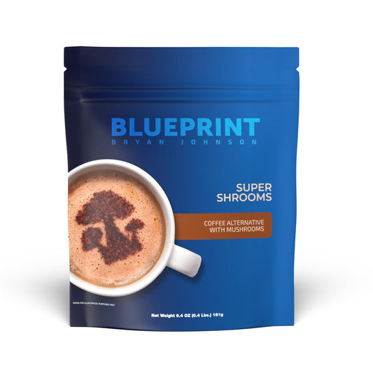 Blueprint Bryan Johnson Super Shroom Coffee – Mushroom Coffee with Lion’s Mane, Reishi & GABA – 70mg Caffeine – Focus & Energy Coffee – Adaptogenic Coffee Alternative, Powder, 30 Servings