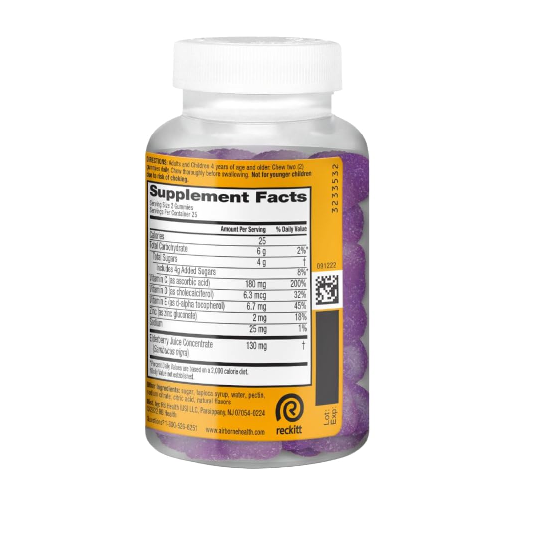Airborne Elderberry + Zinc & Vitamin C For Adults, Immune Support, 50 Gummies