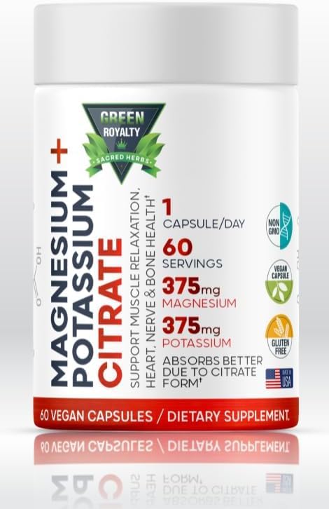 GREEN ROYALTY Magnesium Citrate + Potassium Premium Vegan Capsules, 60 Count