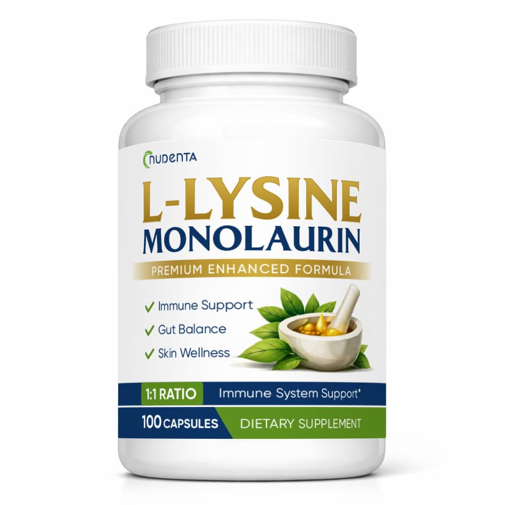 NUDENTA Monolaurin and Lysine Supplement, L-Lysine & Monolaurin 600mg 1:1 Ratio Capsules, 100 Count