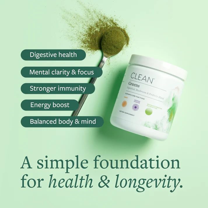CLEAN Greens Superfood Powder - Organic Green Blend with Probiotics, Mushrooms & Adaptogens for Energy, Gut Health & Daily Nutrition - Apple Flavored Plant-Based Greens Supplement, 11.29 oz