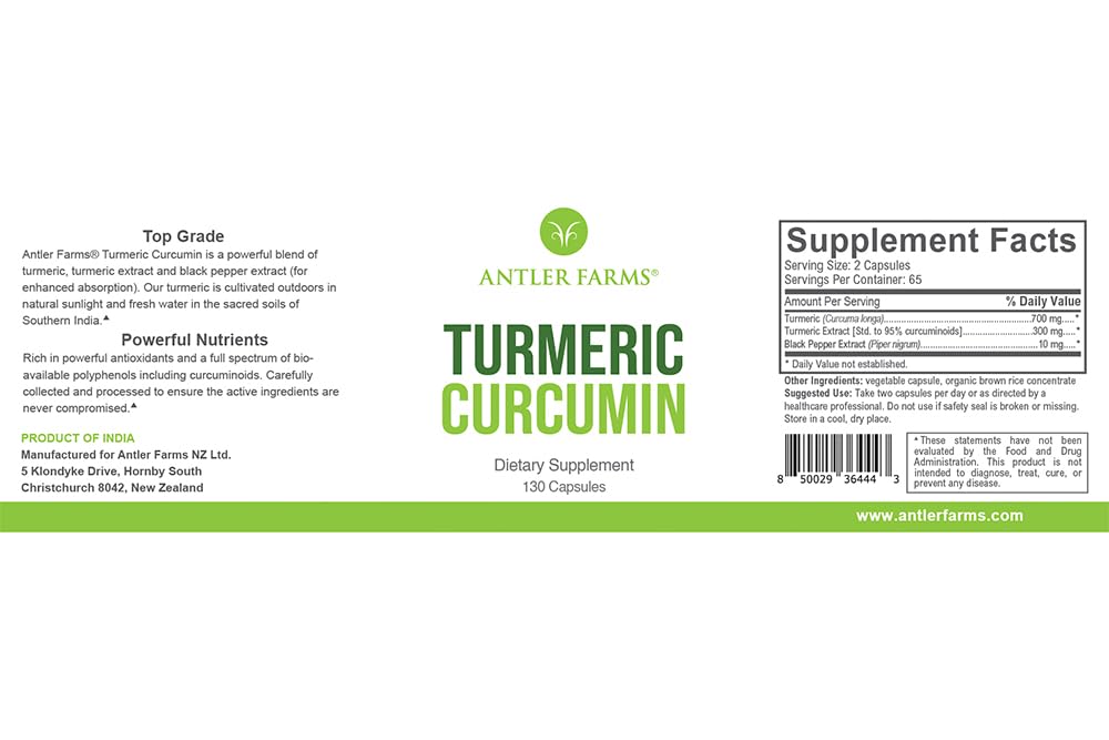 Antler Farms 100% Pure Turmeric Curcumin Vegan Capsules 130 Count