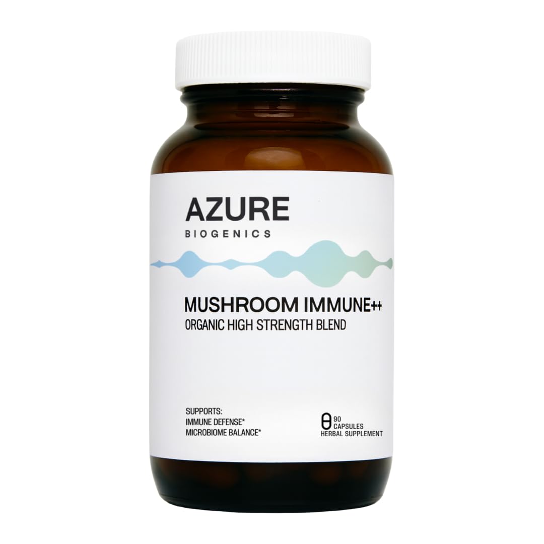 Azure Biogenics Mushroom Supplement Immune Support Formula with Lion's Mane, Reishi & Turkey Tail and 14 Adaptogenic Mushrooms with Cordyceps, Maitake and More, Organic, Vegan, Non-GMO, 90 Capsules