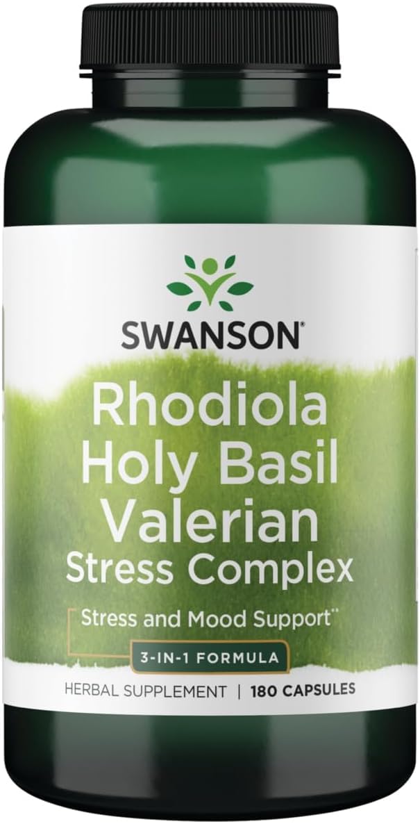 Swanson Rhodiola Holy Basil Valerian Stress Complex 225/225/225 Milligrams Stress Wellbeing Relaxation Support 180 Capsules