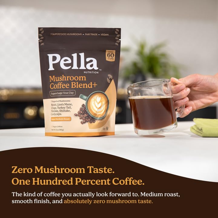 Pella Nutrition Mushroom Coffee with Lions Mane, Reishi, Chaga, Cordyceps, Shiitake, Maitake & Turkey Tail - Powder, 6.3 oz