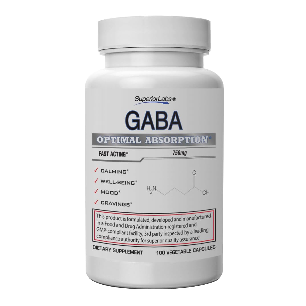 Superior Labs GABA Supplement 750mg Maximum Strength Mood Enhancement Capsule, 100 Capsules