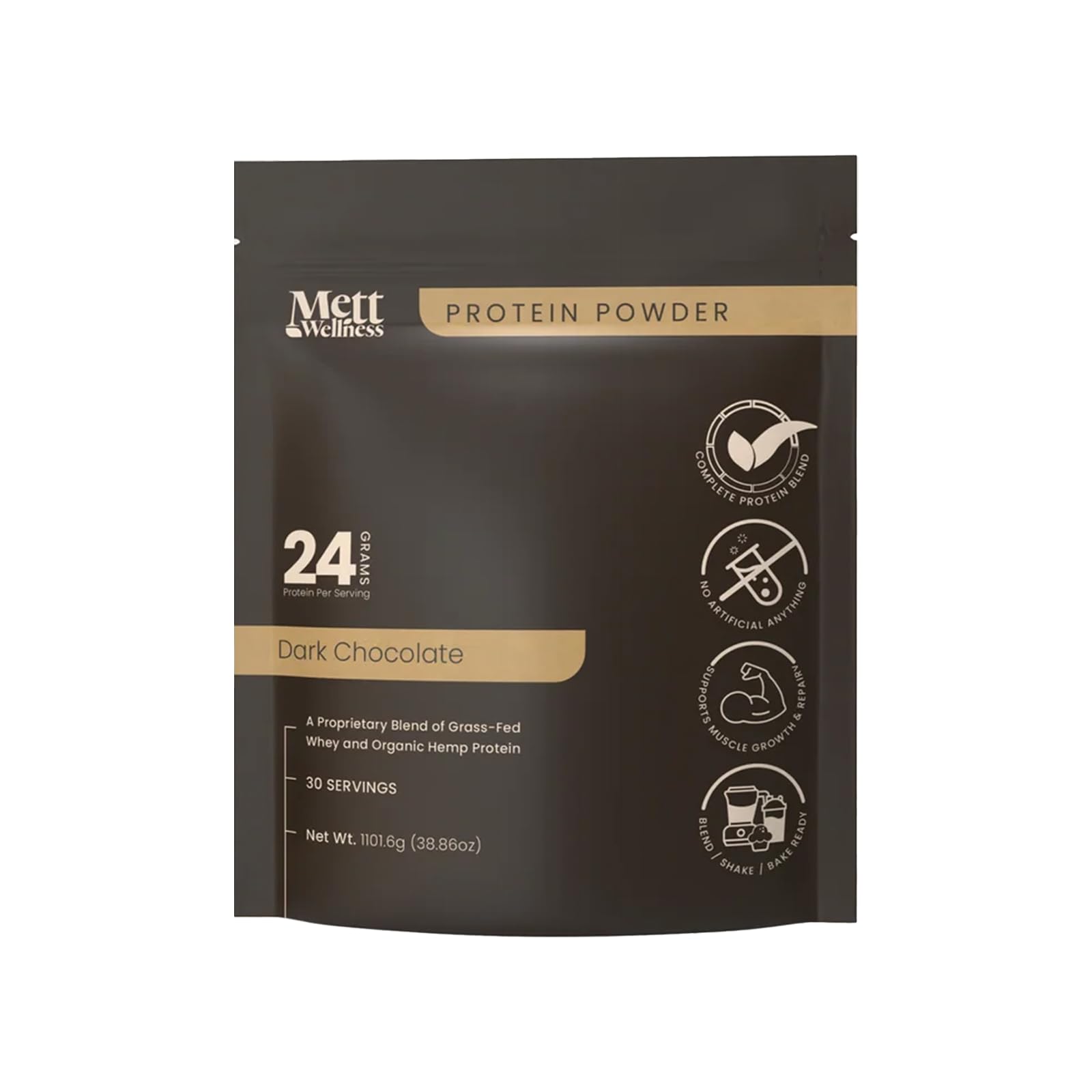 Mett Wellness Dark Chocolate Grass-Fed Whey + Hemp Heart Protein Powder with Bovine Collagen, 2.4 lb (30 Servings)