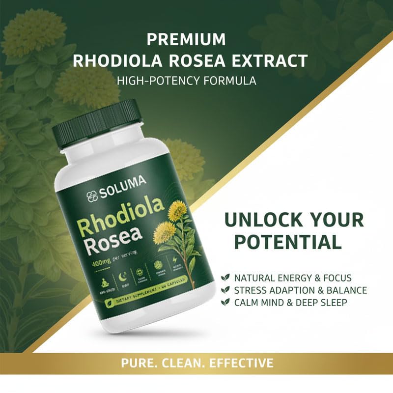 Soluma Rhodiola Rosea Organic Natural Adaptogen Supplement with Bioperine Energy, Stress and Mental Focus Support Capsule 1